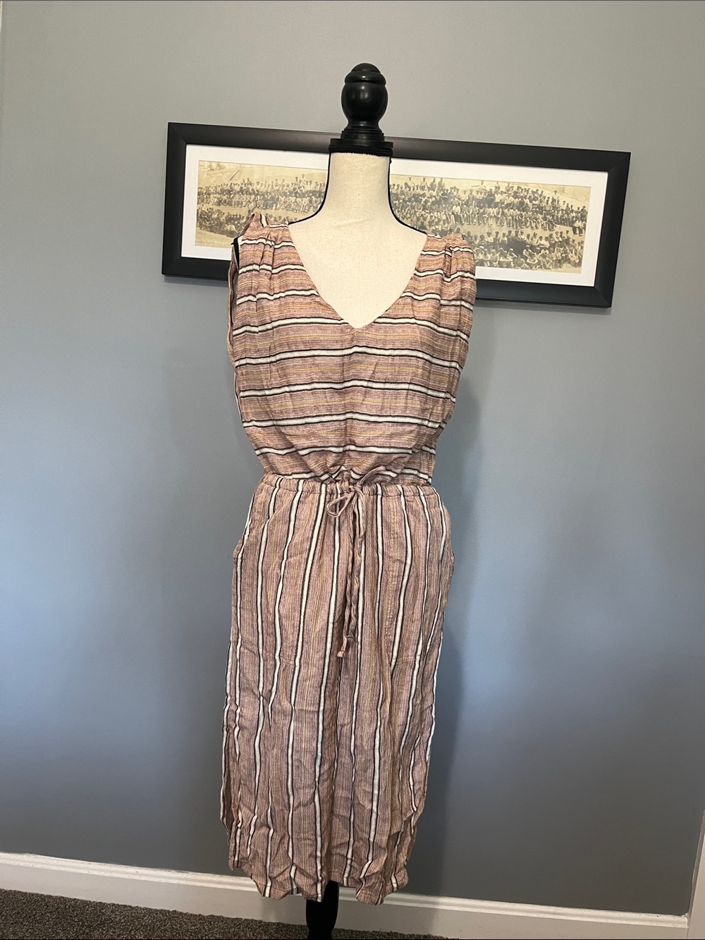 Prana Brown Striped Midi Dress with Tie Waist